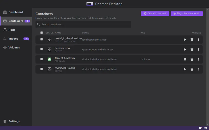 Screenshot von Podman Desktop mit der Übersicht der aktuell laufenden Container.